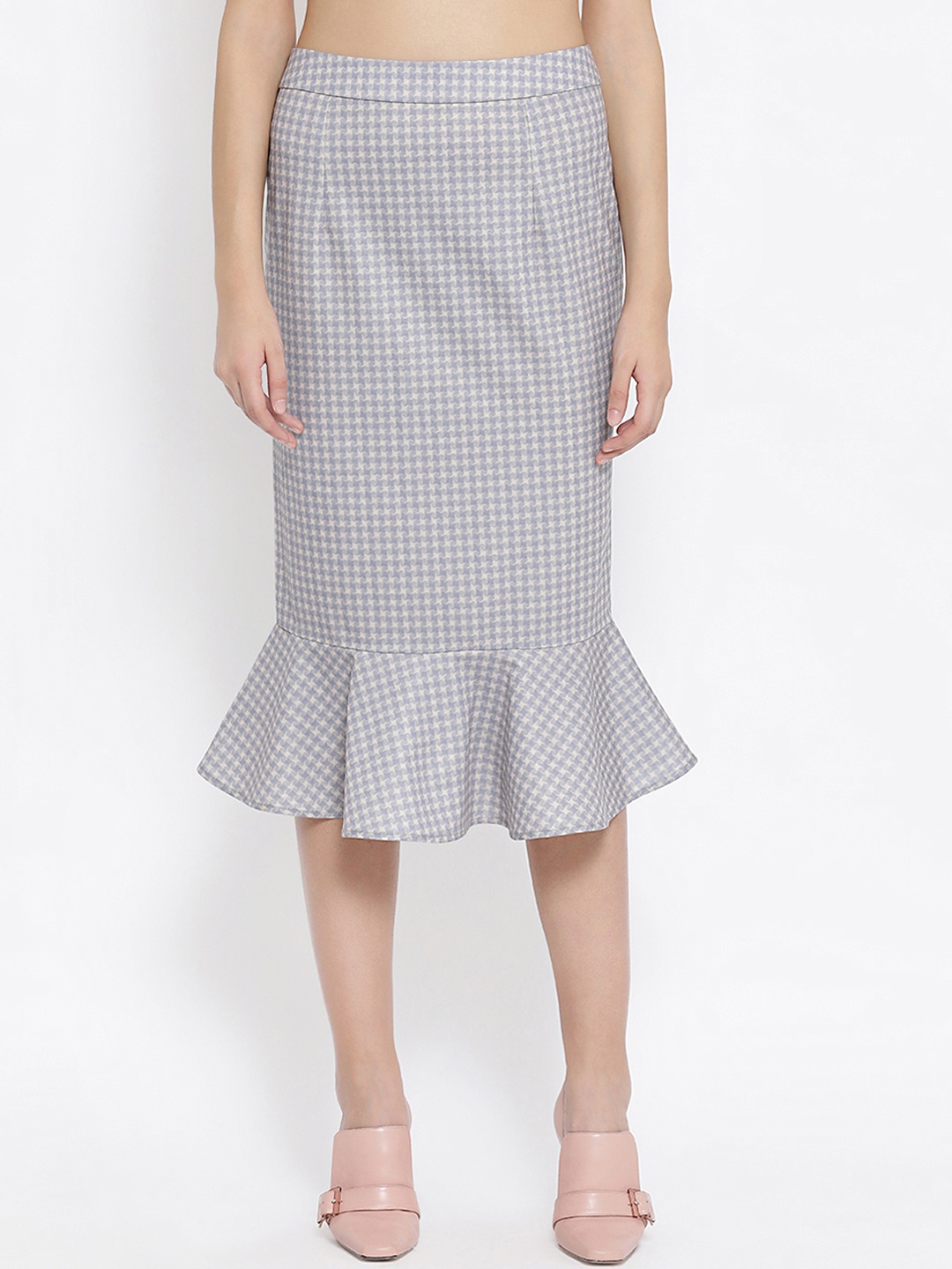 

OFFICE & YOU Women Grey Checked Trumpet Midi Skirt