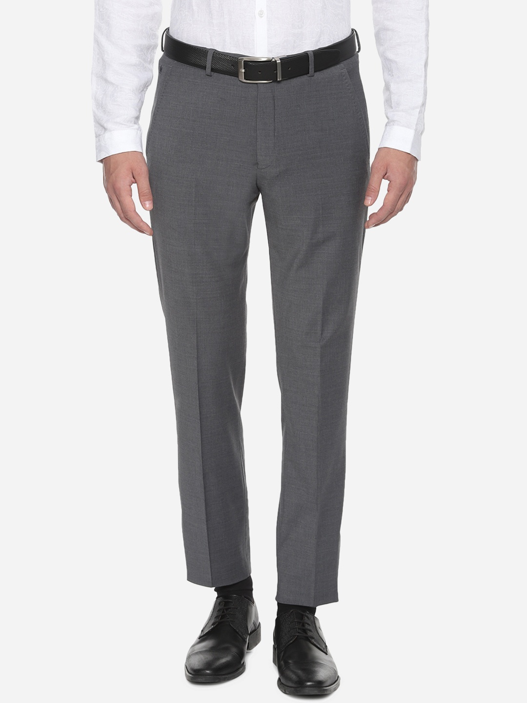 Louis Philippe Men Grey Slim Fit Solid Regular Trousers