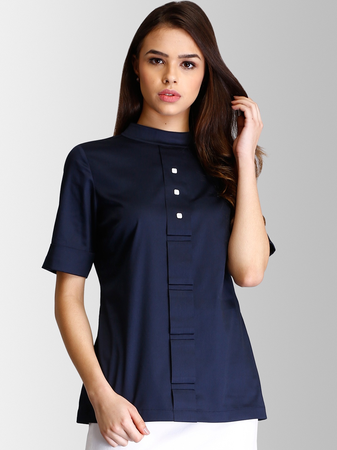 FableStreet Women Navy Blue Solid Pure Cotton Top