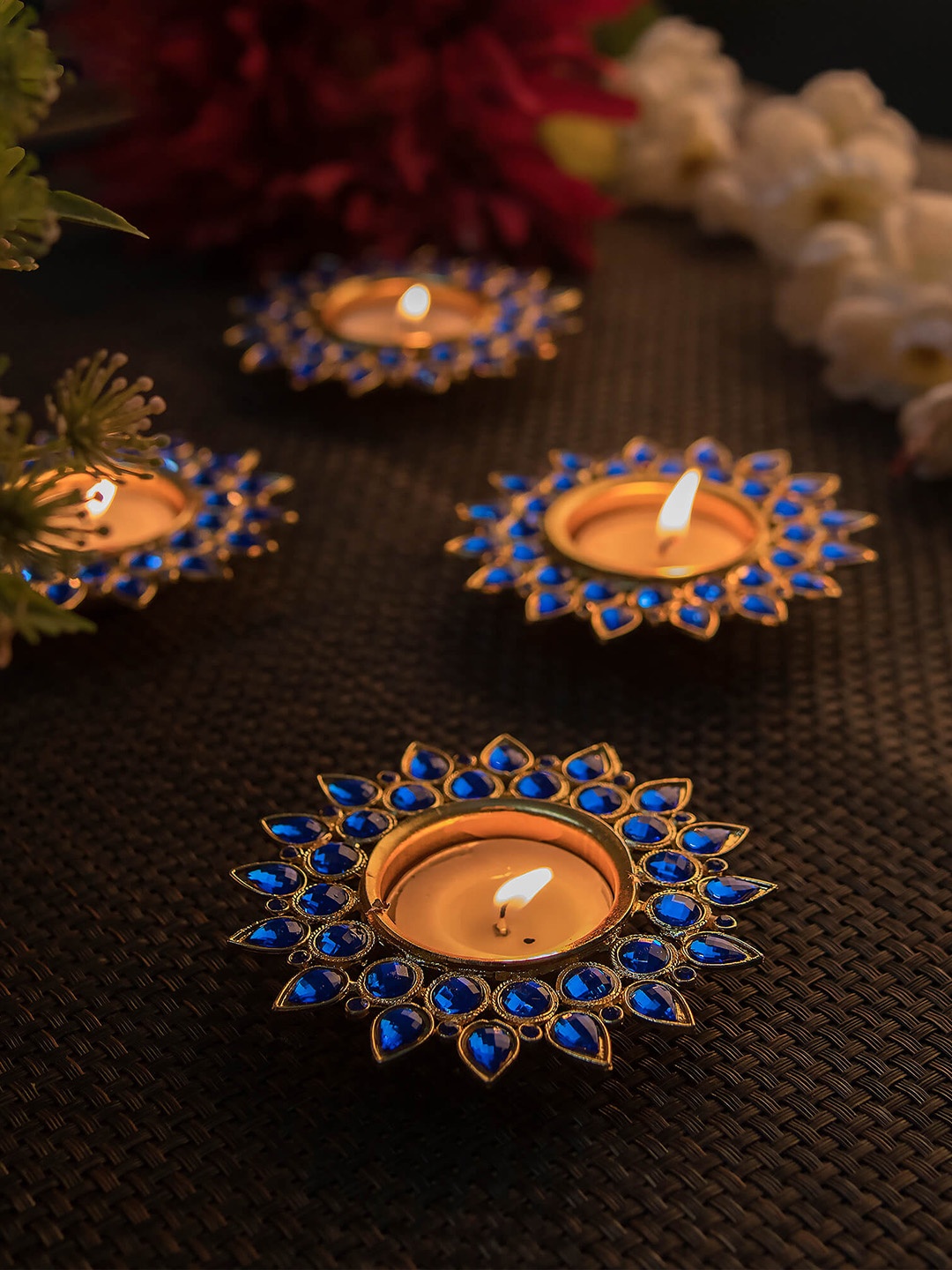 

Homesake Blue Set Of 4 Diya Shaped Crystal Candle Holder