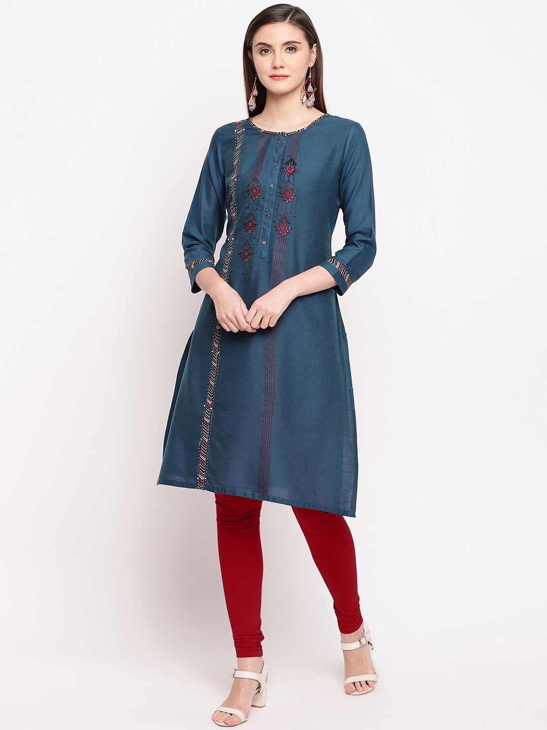 

Kvsfab Women Blue Embroidered A-Line Kurta
