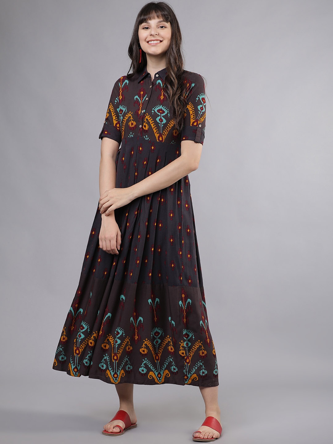 

Vishudh Women Grey & Mustard Yellow Printed A-line Dress