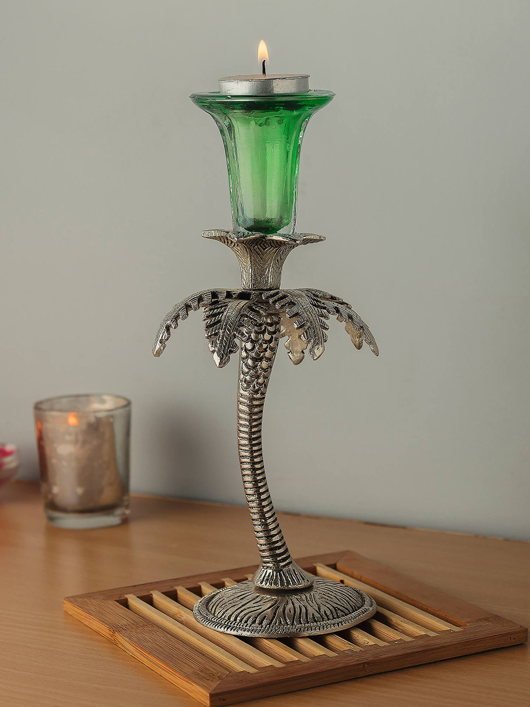

Homesake Silver-Toned & Green Hand Craving Candle Stand