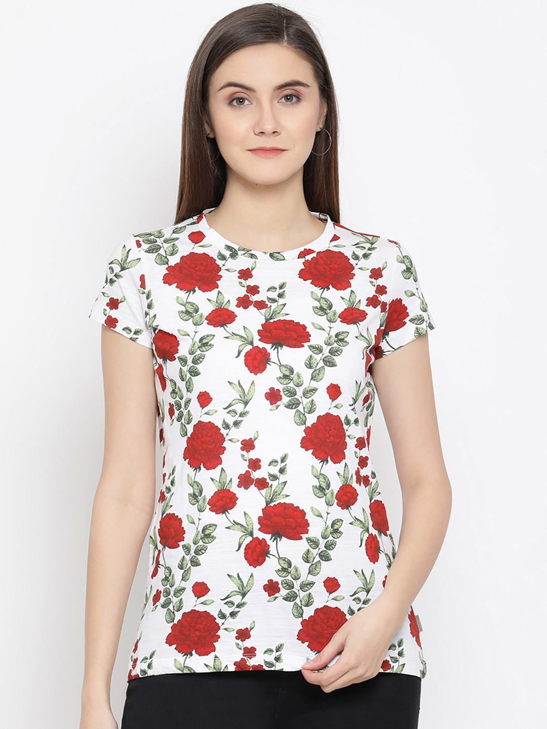 

Crimsoune Club Women White & Red Printed Slim Fit Round Neck T-shirt