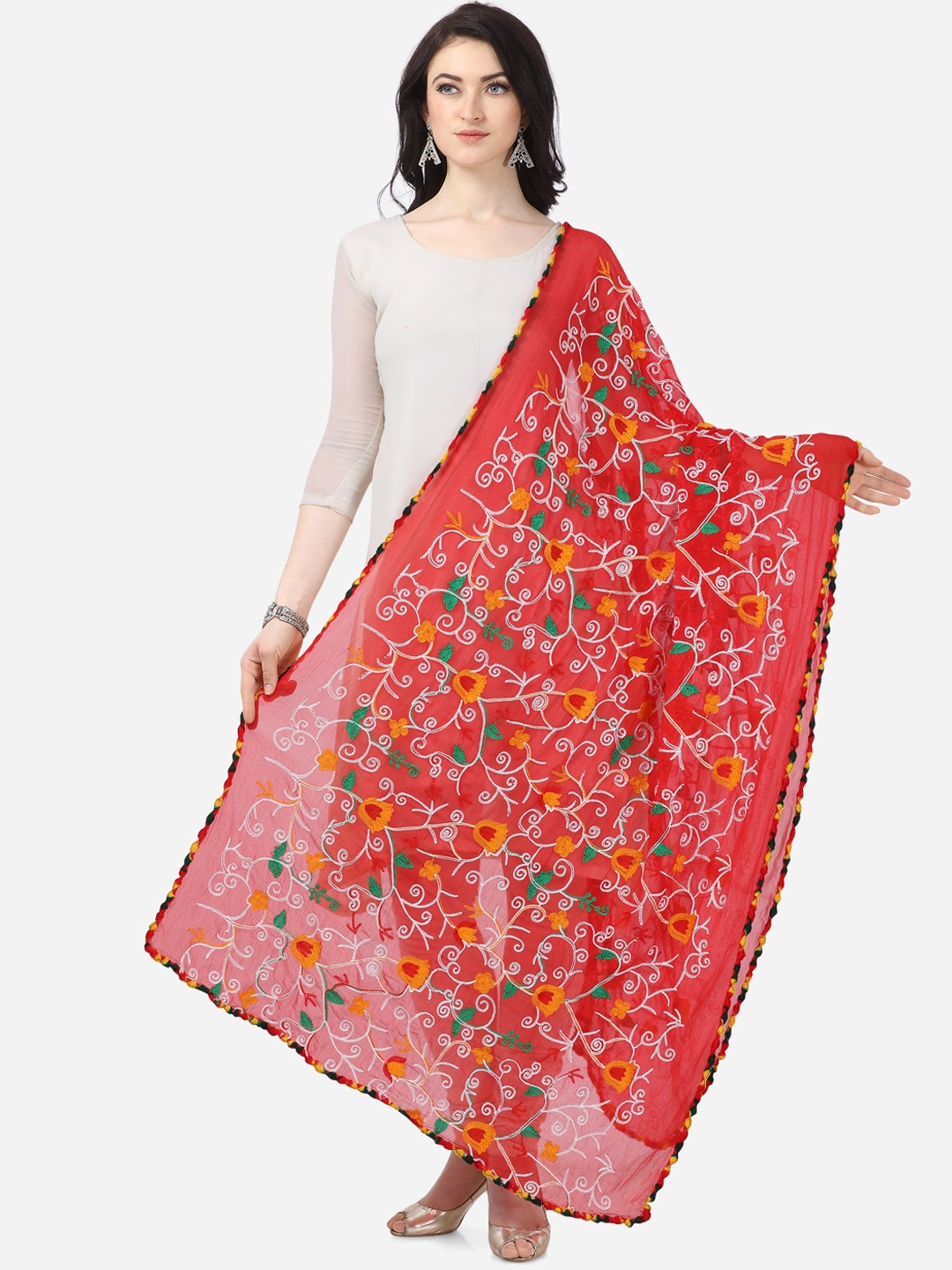 mf Women Red & White Embroidered Phulkari Dupatta