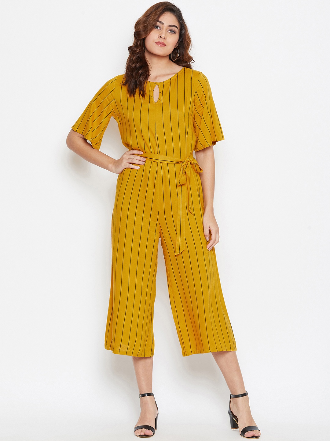 

Bitterlime Women Mustard Yellow & Black Striped Basic Jumpsuit