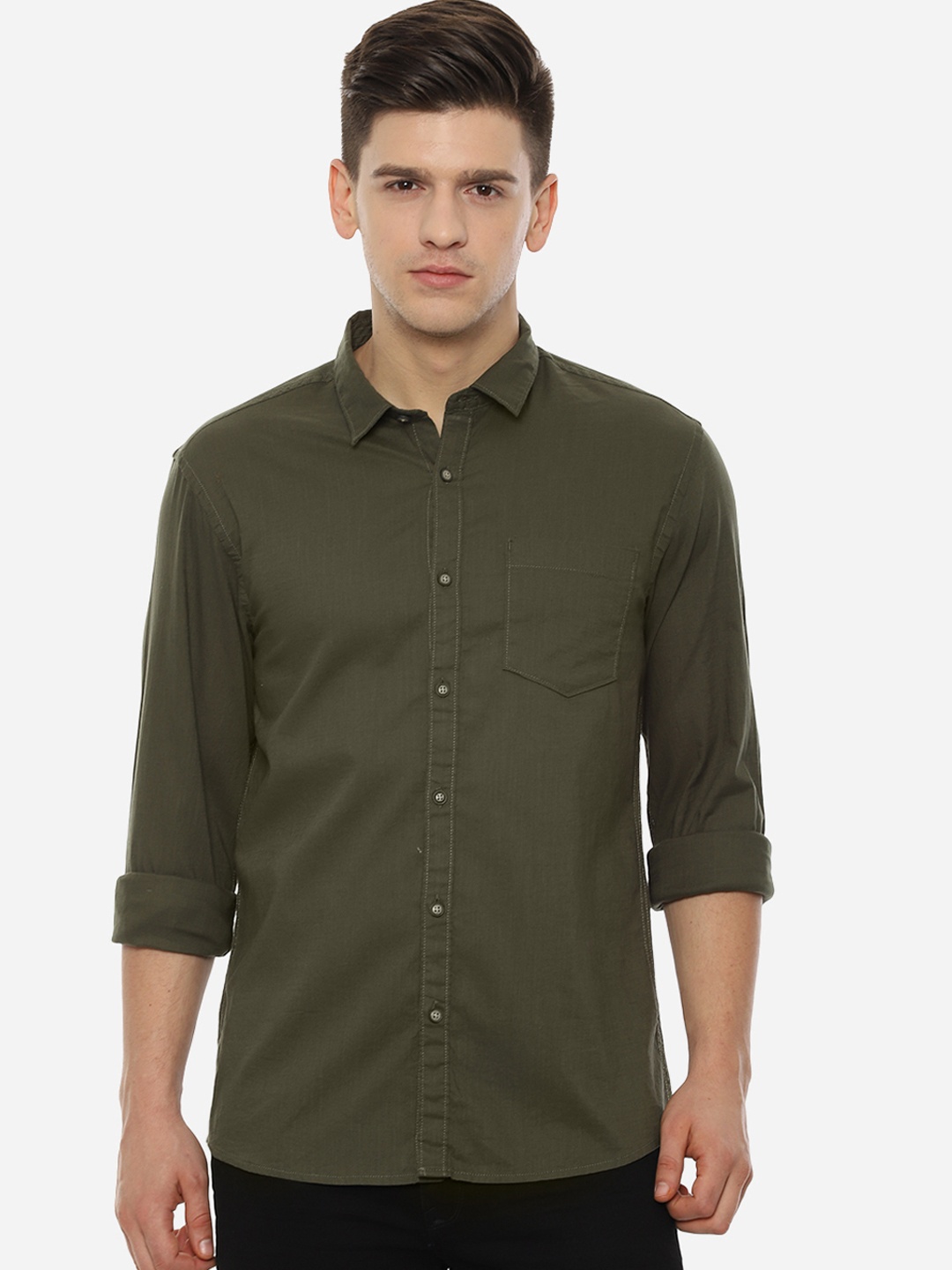 

People Men Olive Green Regular Fit Solid Casual Shirt