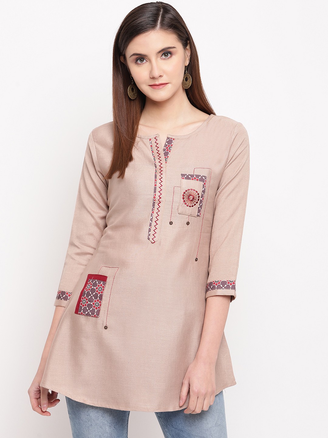 

Kvsfab Women Beige & Red Solid A-Line Kurti