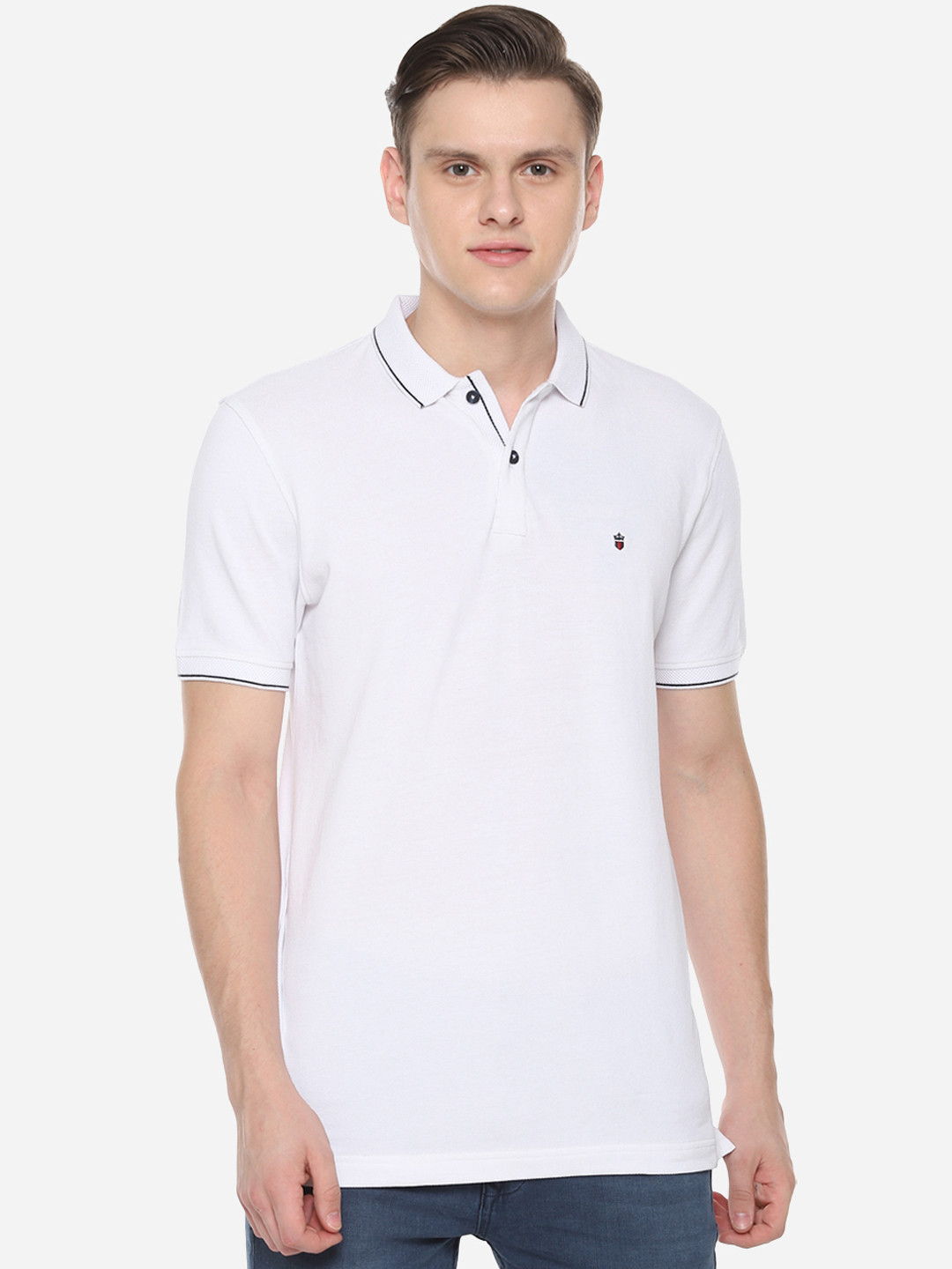 

Louis Philippe Sport Men White Solid Polo Collar Pure Cotton T-shirt