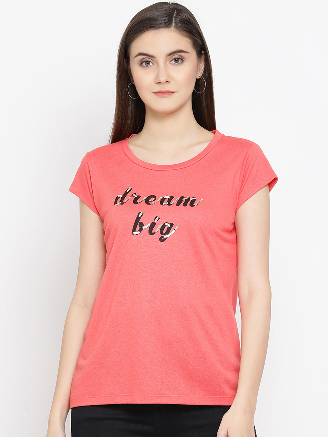 

Crimsoune Club Women Pink & Black Printed Slim Fit Round Neck T-shirt