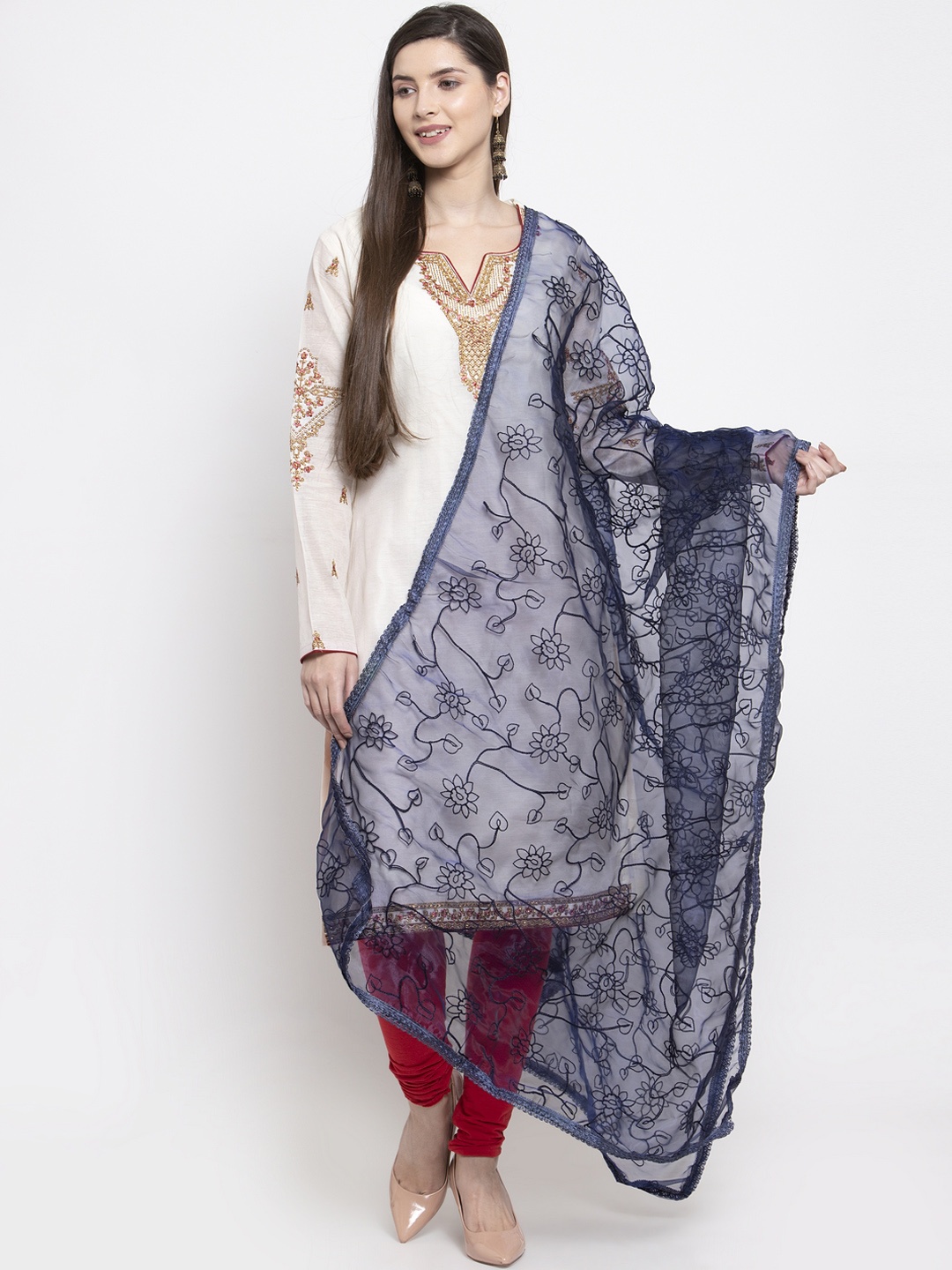 

mf Navy Blue Embroidered Organza Dupatta