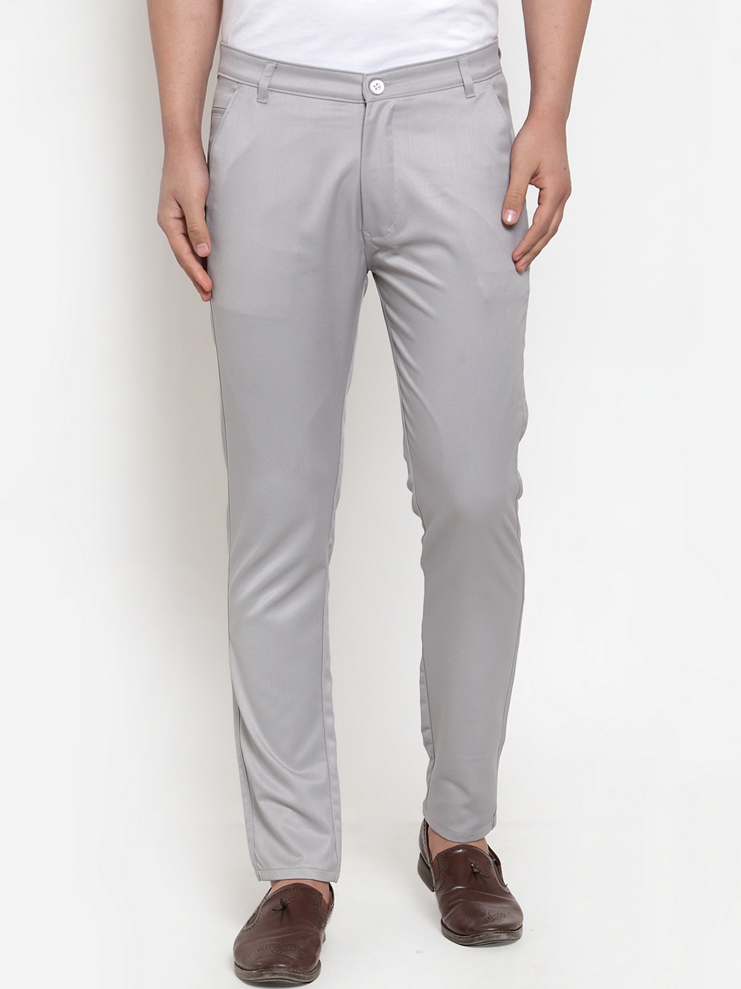 JAINISH Men Grey Smart Slim Fit Solid Regular Trousers