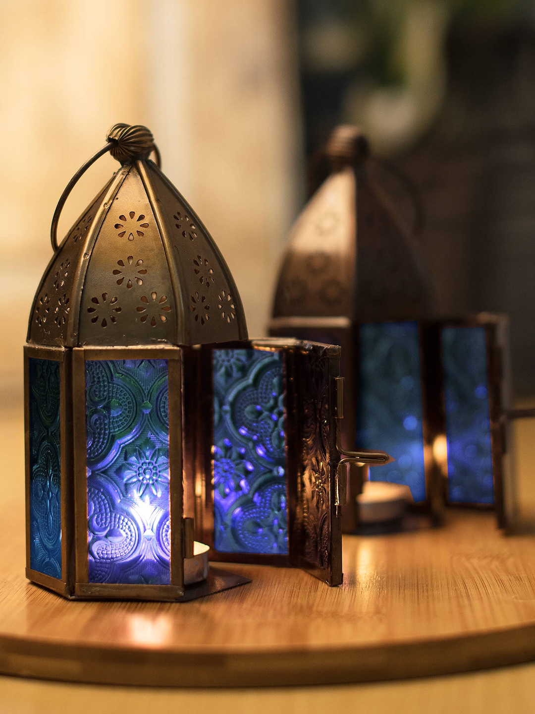 

Homesake Set Of 2 Blue Antique Brass Moroccan Lantern Candle Holder, Gold