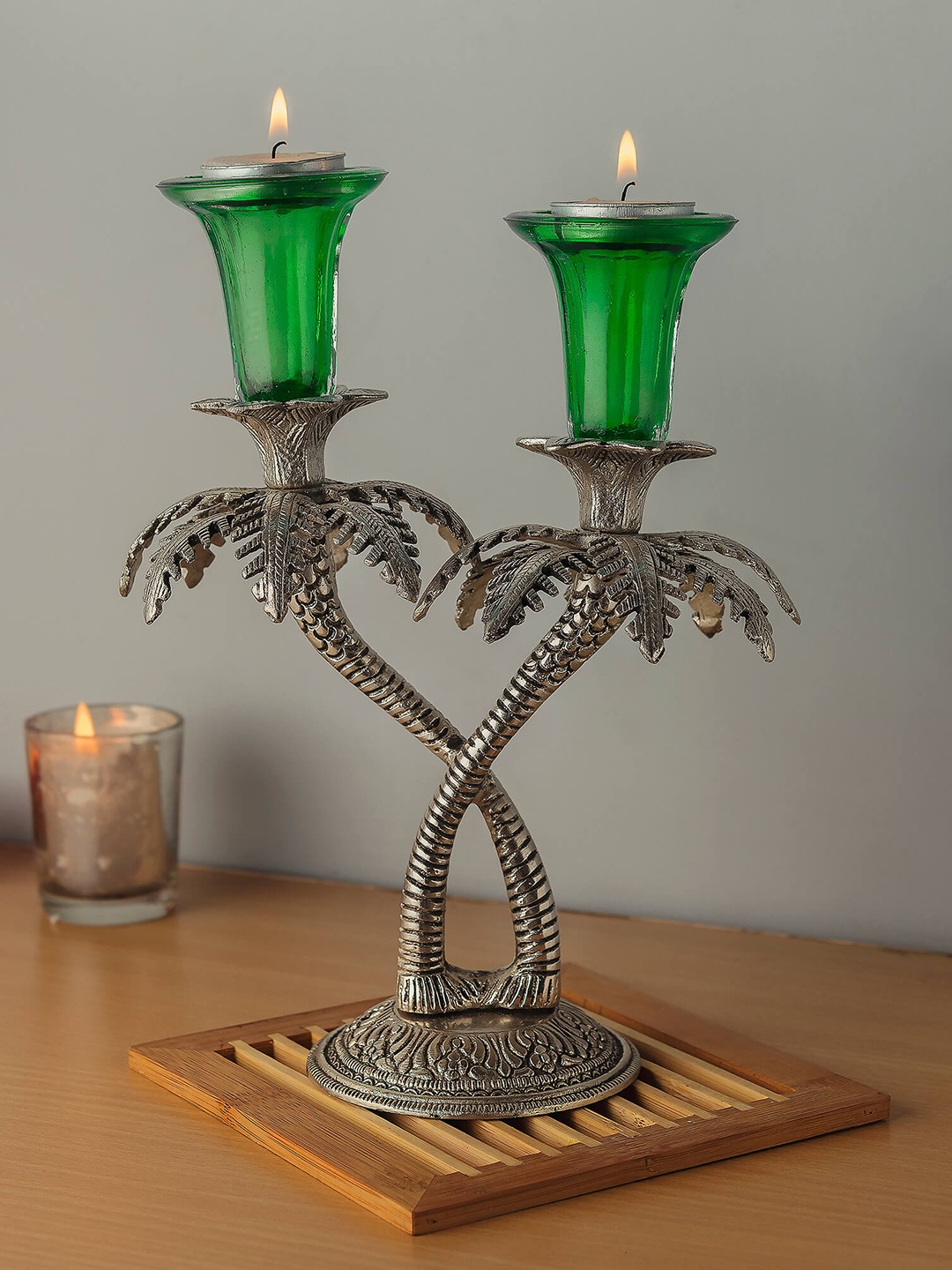 

Homesake Silver-Toned & Green Hand Carving Candle Stand