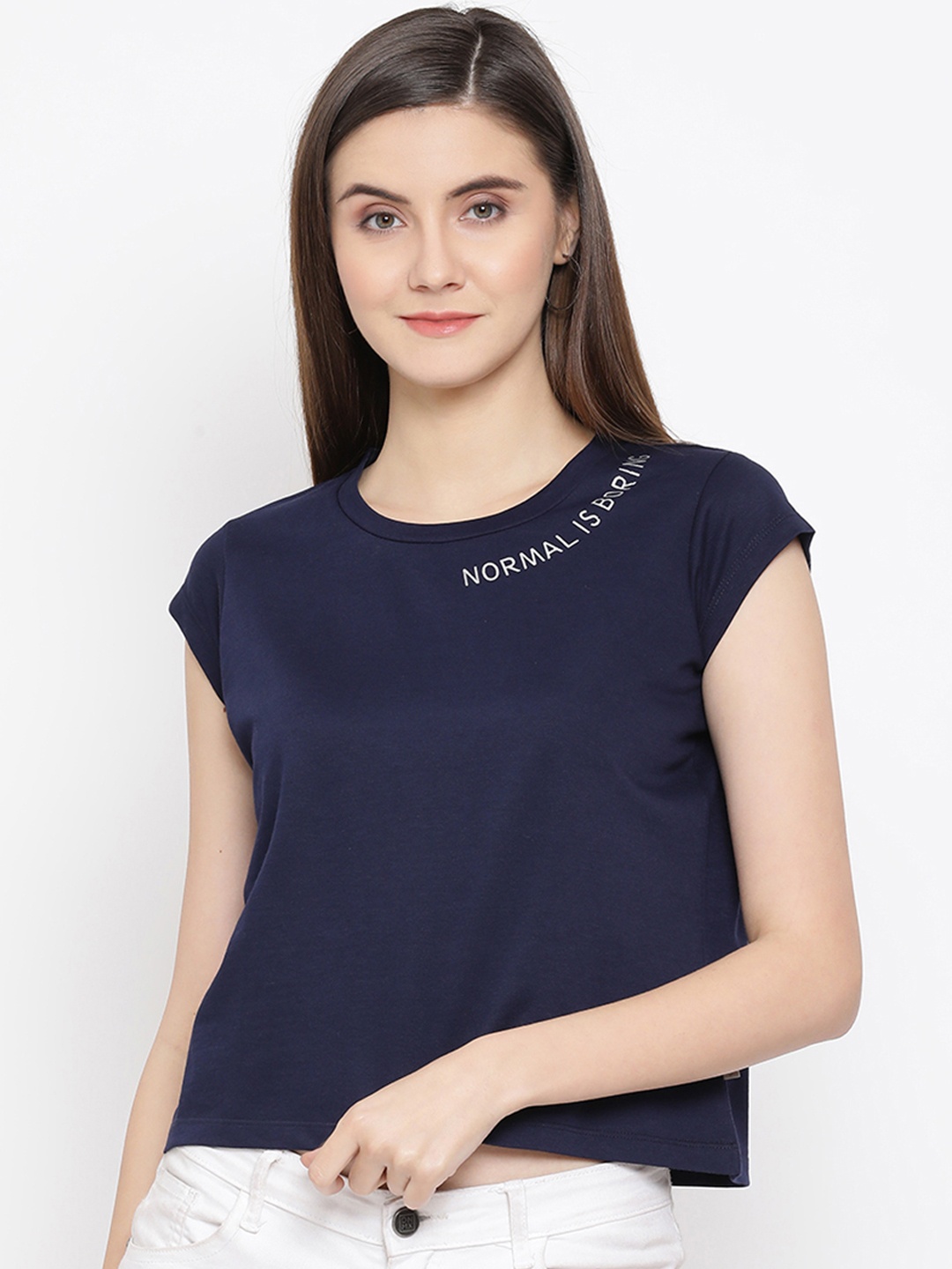 

Crimsoune Club Women Navy Blue Solid Round Neck Slim Fit T-shirt