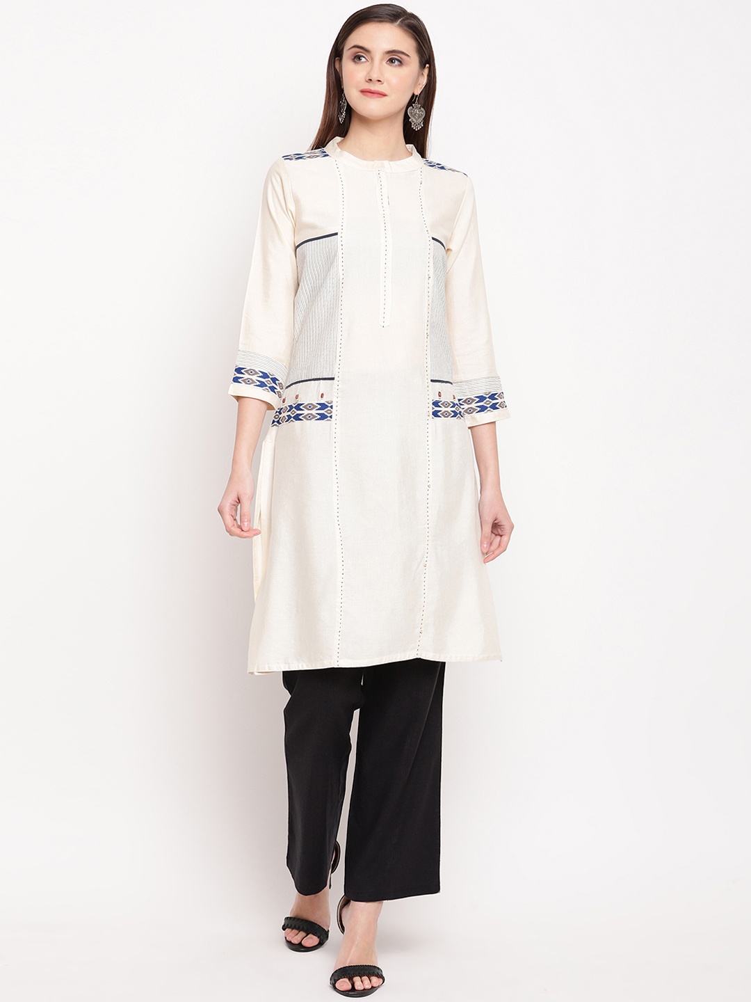 

Kvsfab Women Off-White & Blue Solid Straight Kurta