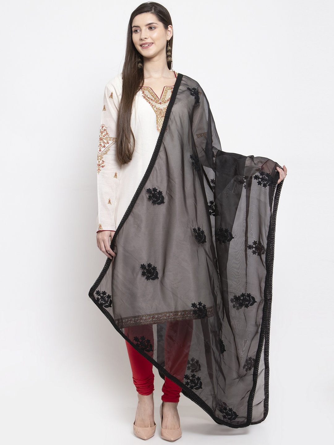 

mf Women Black Organza Embroidered Dupatta