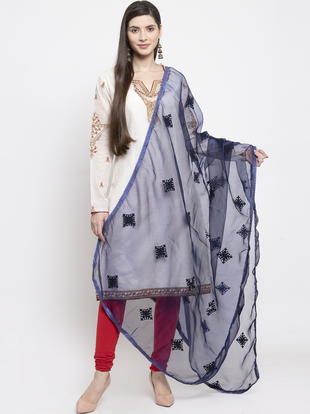 

mf Navy Blue Embroidered Organza Dupatta