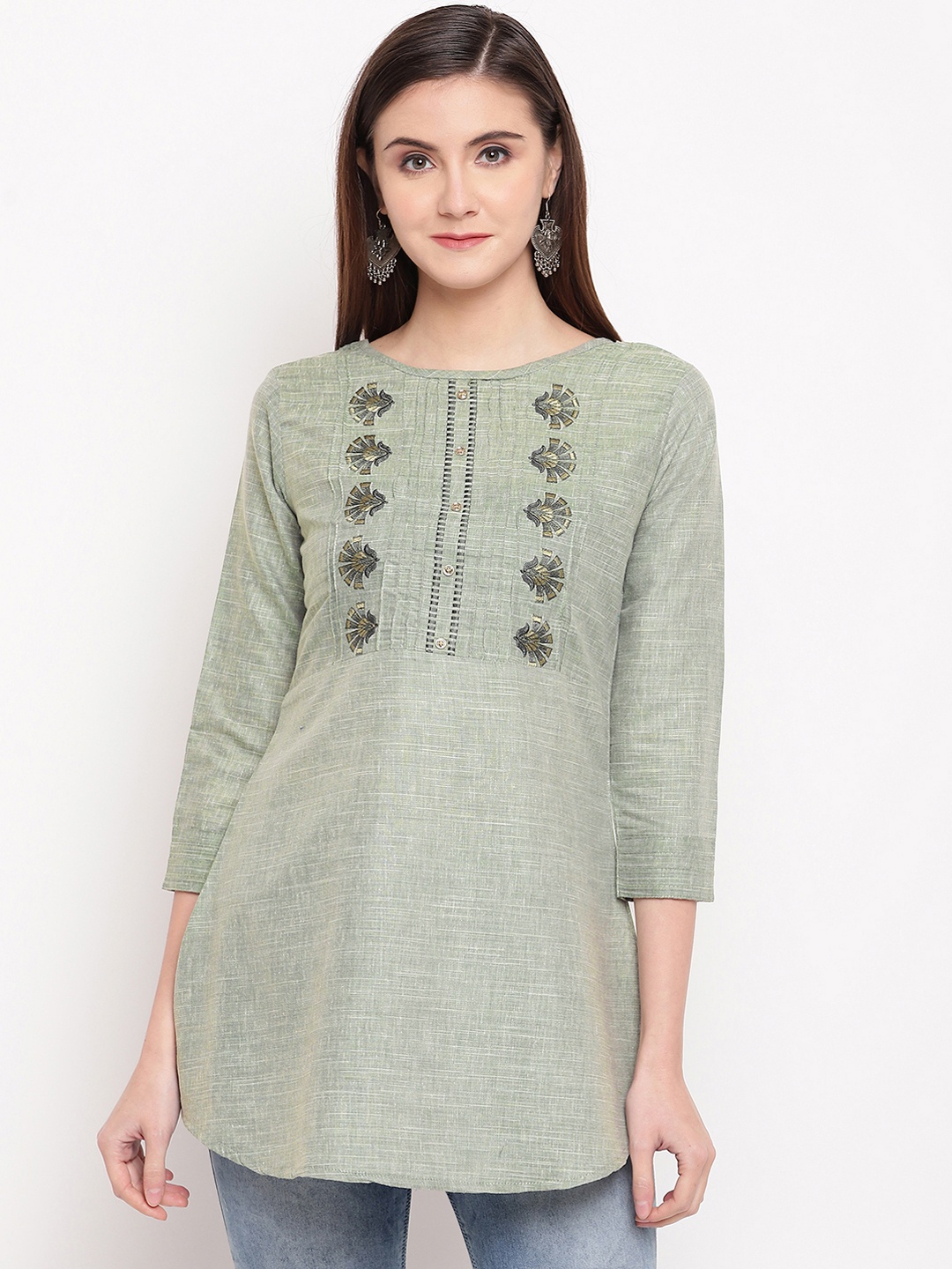 

Kvsfab Women Green Embroidered A-Line Kurti