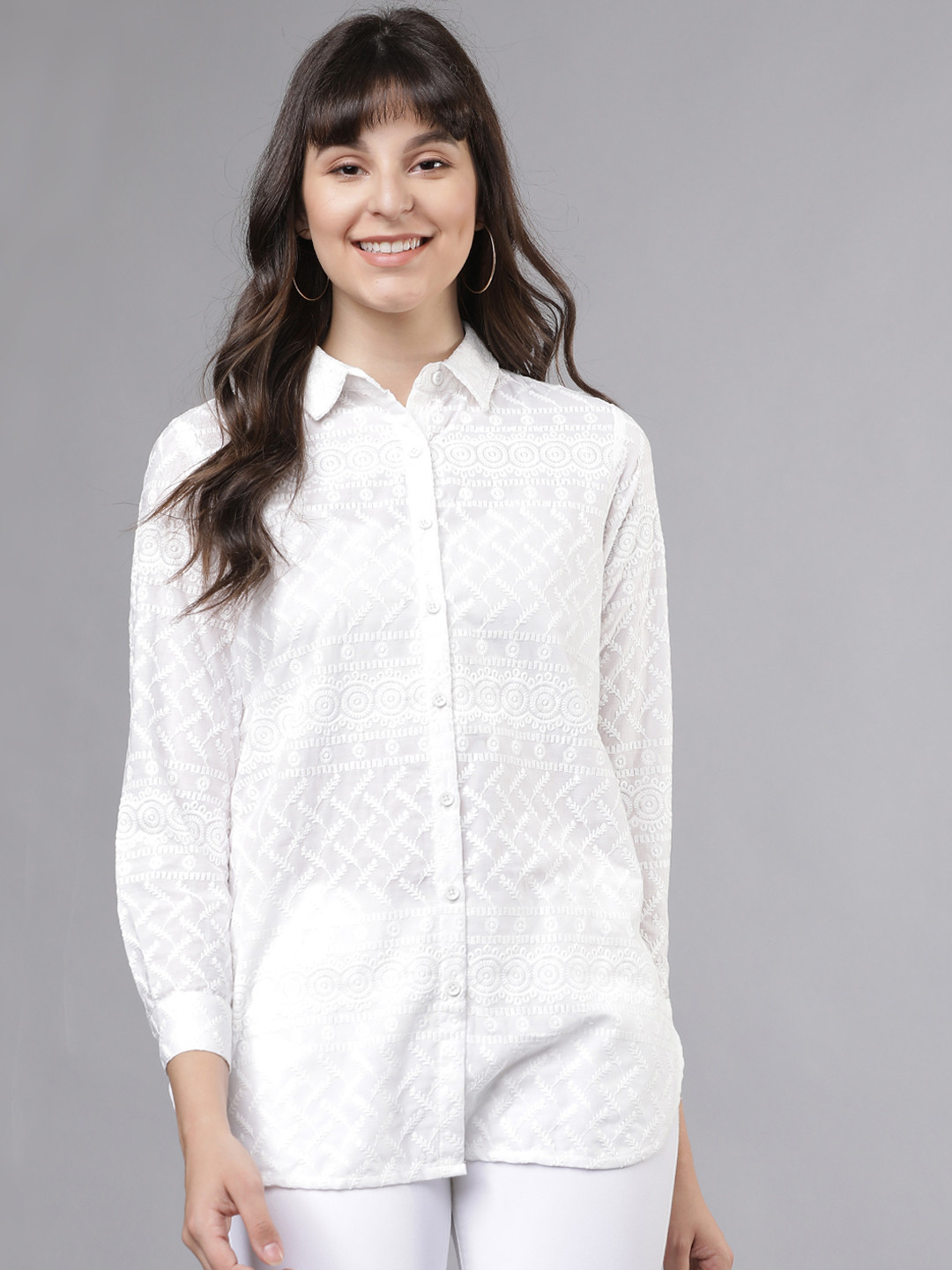 

Tokyo Talkies Women White Regular Fit Self Design Casual Shirt