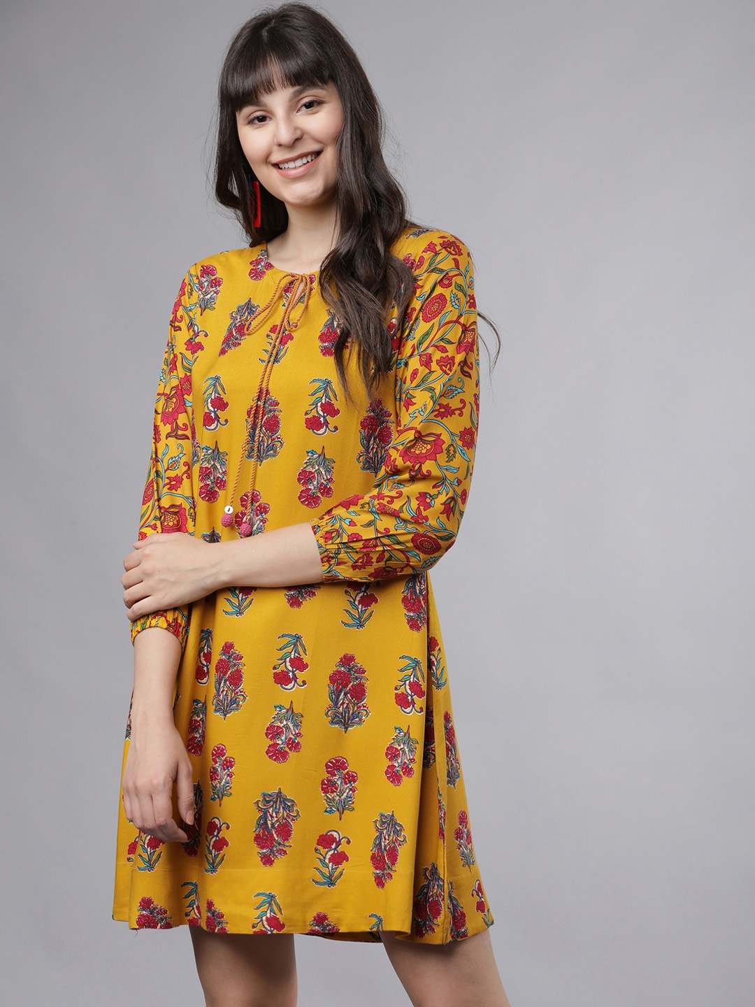 

Vishudh Women Mustard Yellow Printed A-Line Dress