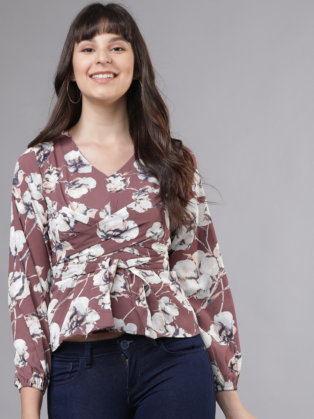 

Tokyo Talkies Women Mauve Printed Cinched Waist Top