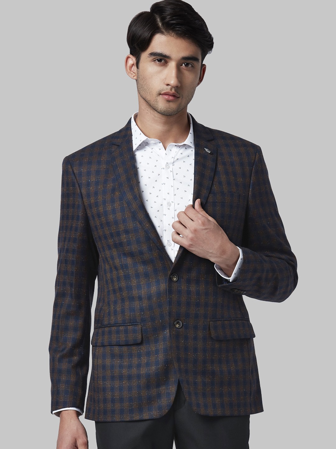 

Park Avenue Men Blue & Brown Checked Single-Breasted Formal Blazer
