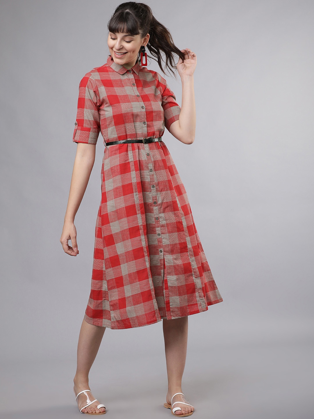 

Vishudh Women Red & Green Checked Shirt Dress