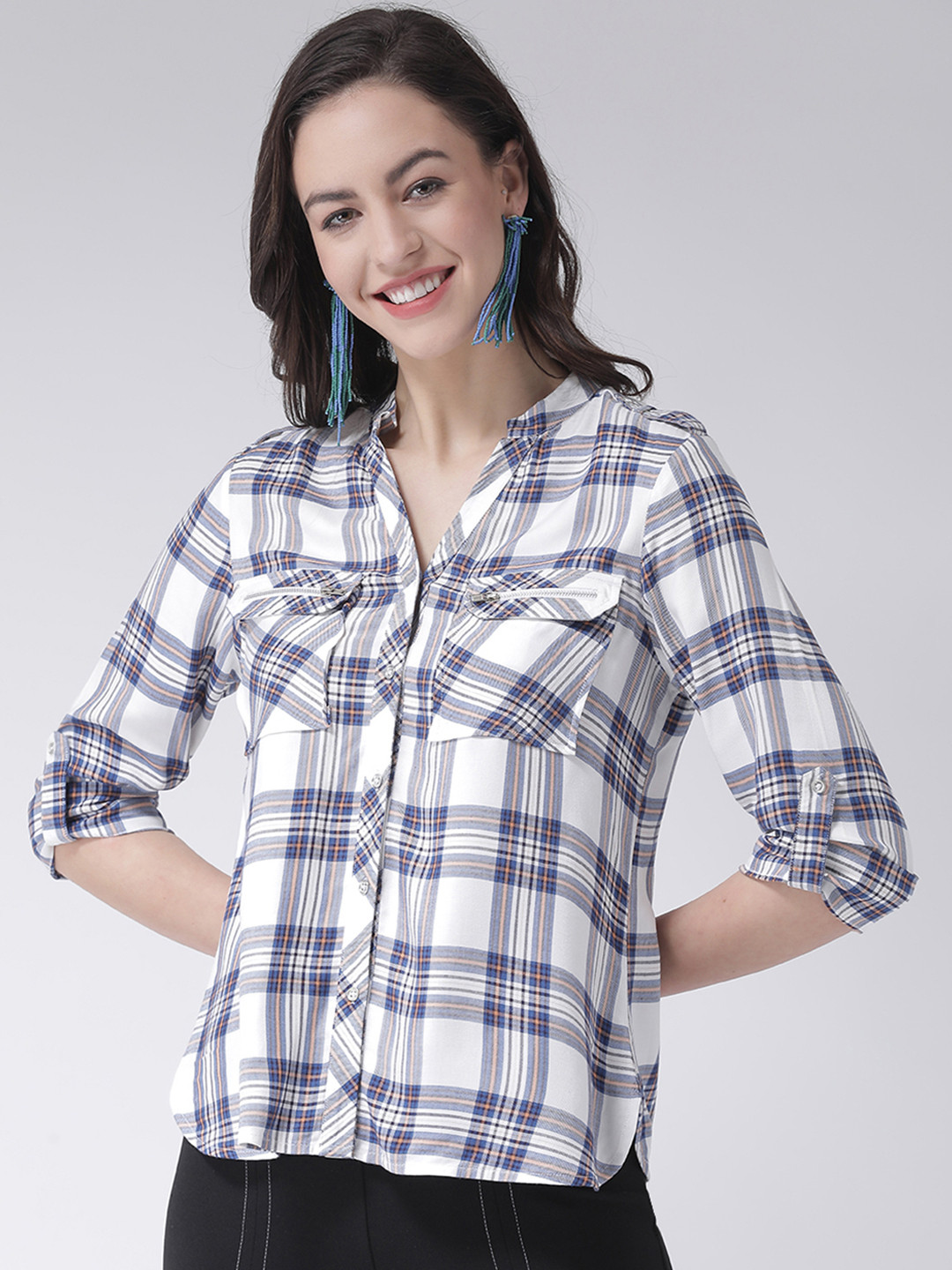

Latin Quarters Women Off-White & Navy Blue Checked Shirt Style Top