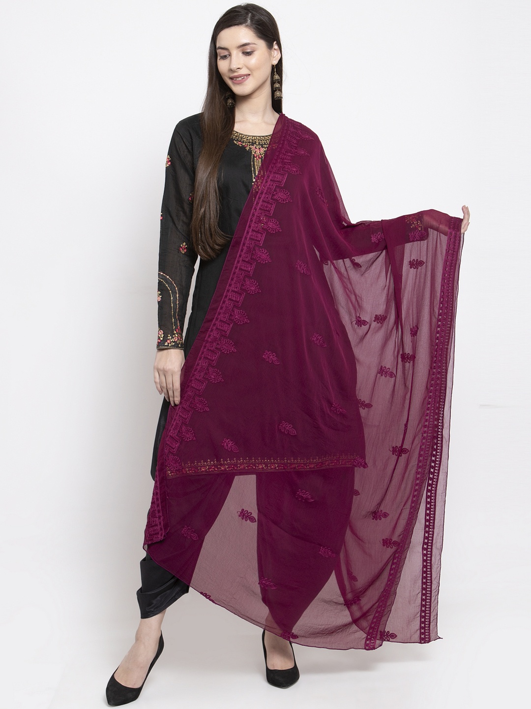 mf Women Burgundy Embroidered Dupatta