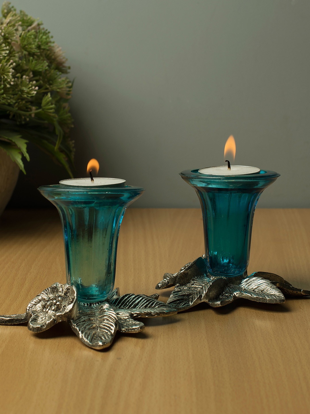 

Homesake Turquoise Blue & Silver-Toned Set Of 2 Antique Grapevine Candle Stand