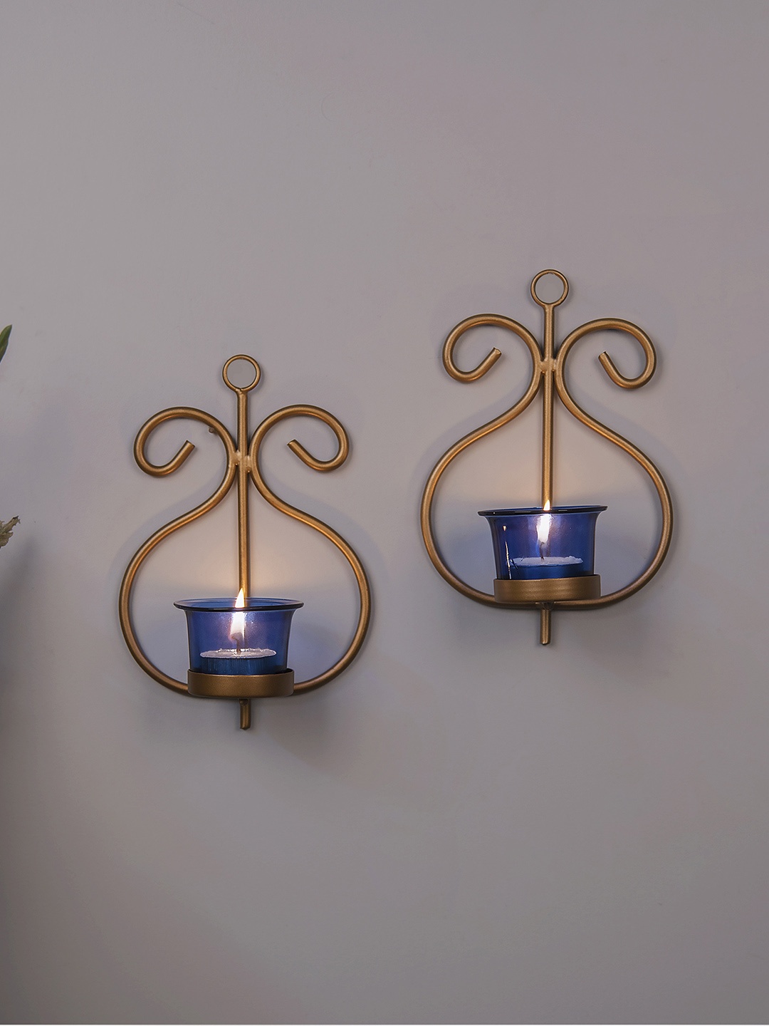 

Homesake Set of 2 Golden & Blue Candle Holder, Gold