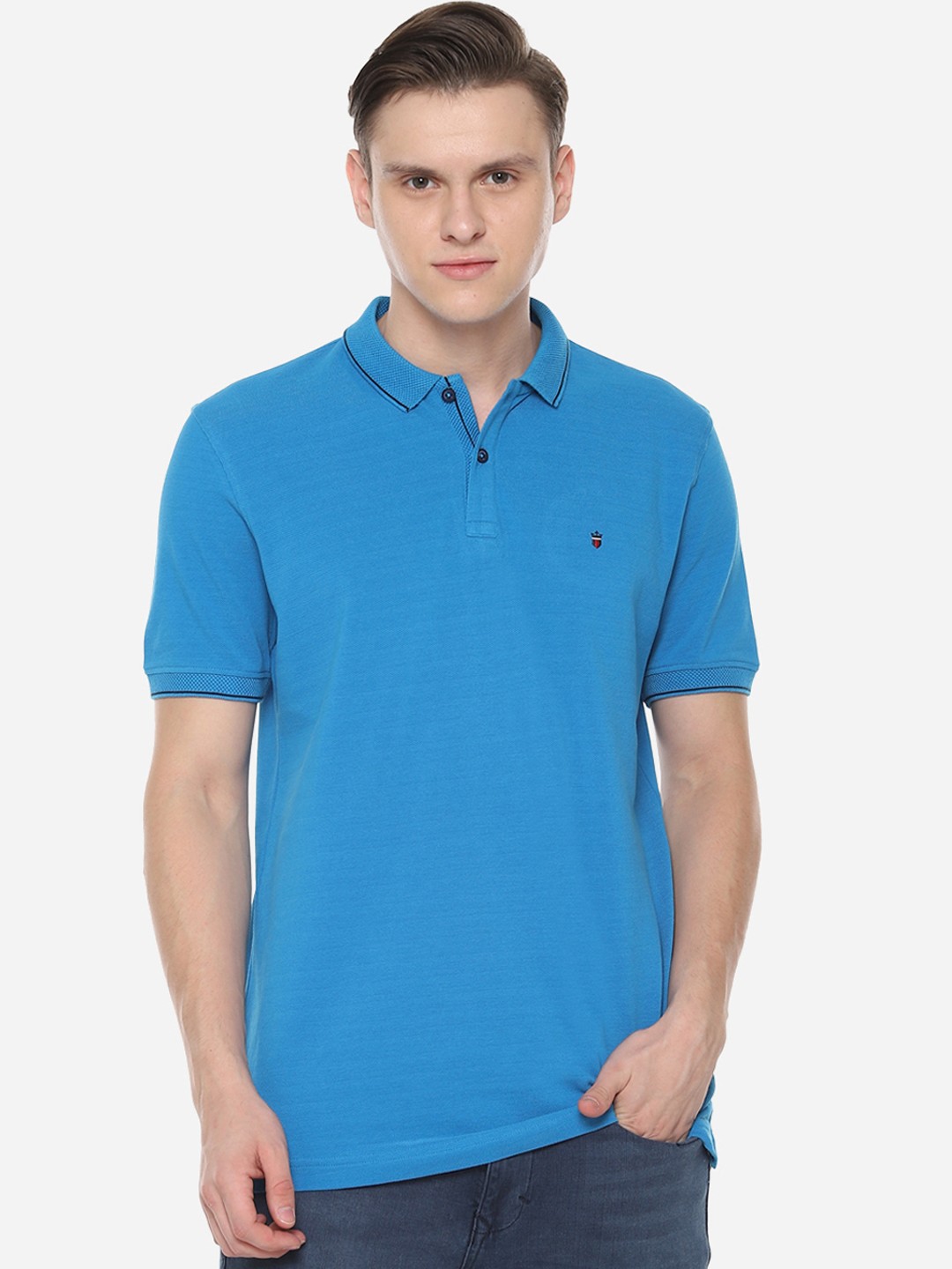 

Louis Philippe Sport Men Blue Solid Polo Collar Pure Cotton T-shirt