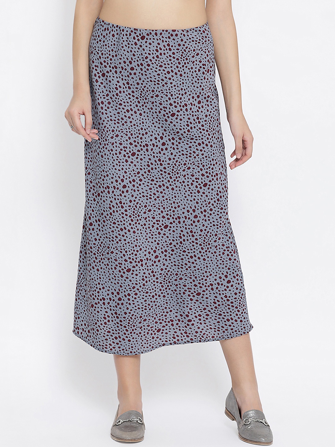 OFFICE & YOU Women Blue & Maroon Animal Printed Straight Midi Skirt