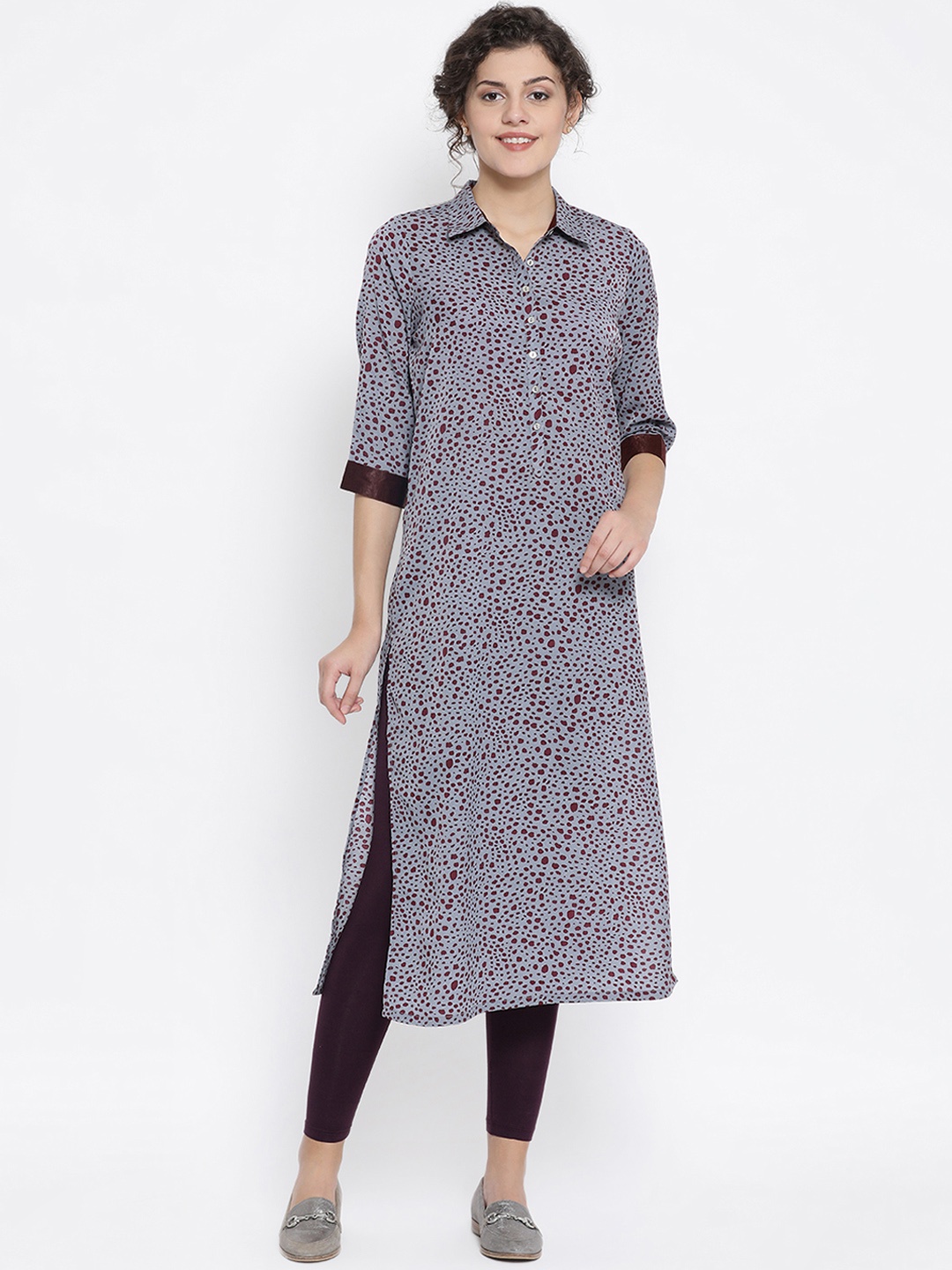 OFFICE & YOU Women Blue & Maroon Printed Straight Kurta