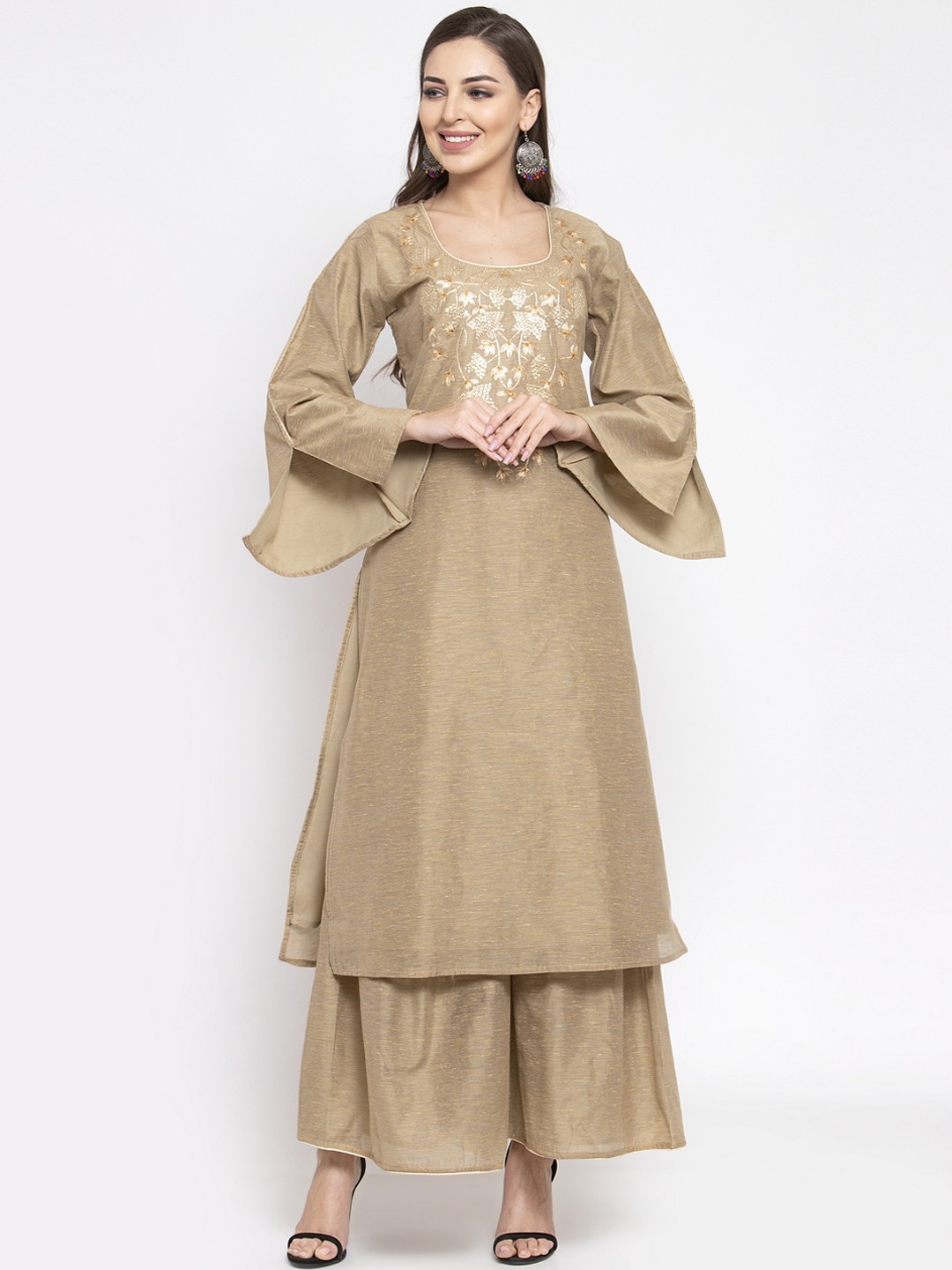 

Aujjessa Women Beige Embroidered Kurta with Sharara