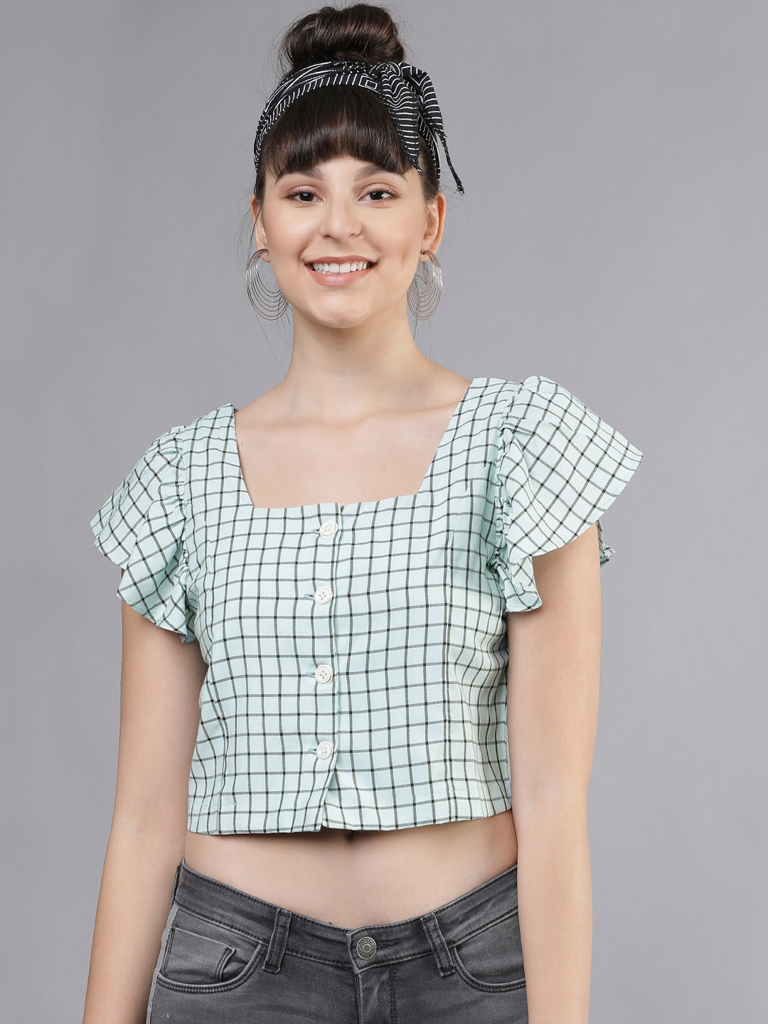 

Tokyo Talkies Women Green & Black Checked Crop Top
