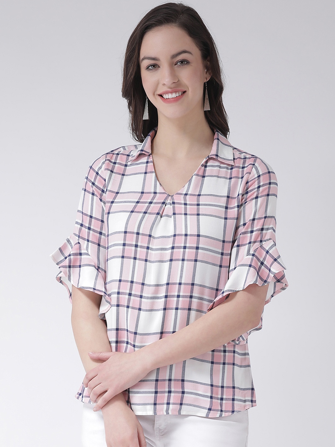 

Latin Quarters Women White & Pink Checked A-Line Top