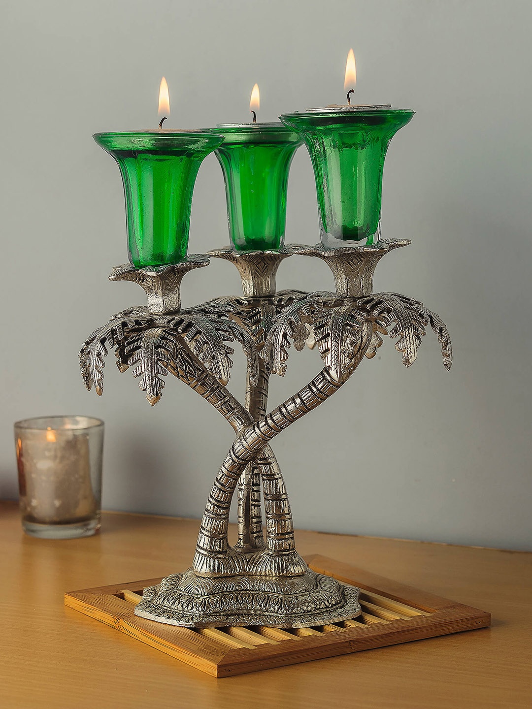 

Homesake Silver-Toned & Green Hand Carving Candle Stand