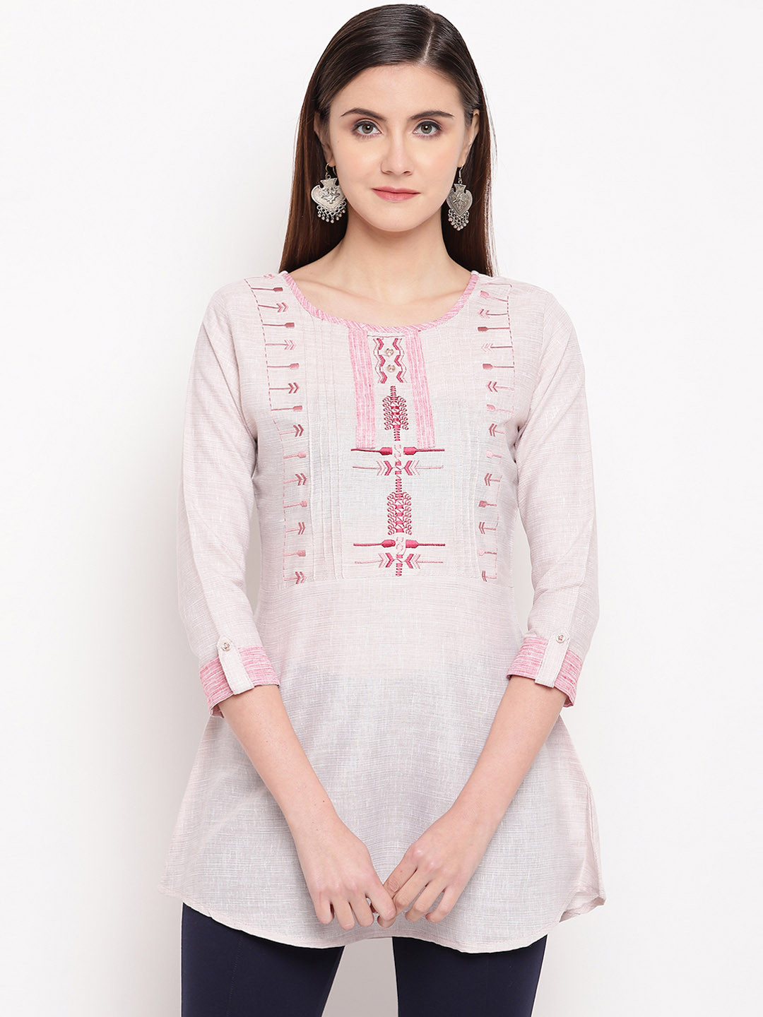 

Kvsfab Women Pink Embroidered A-Line Kurti