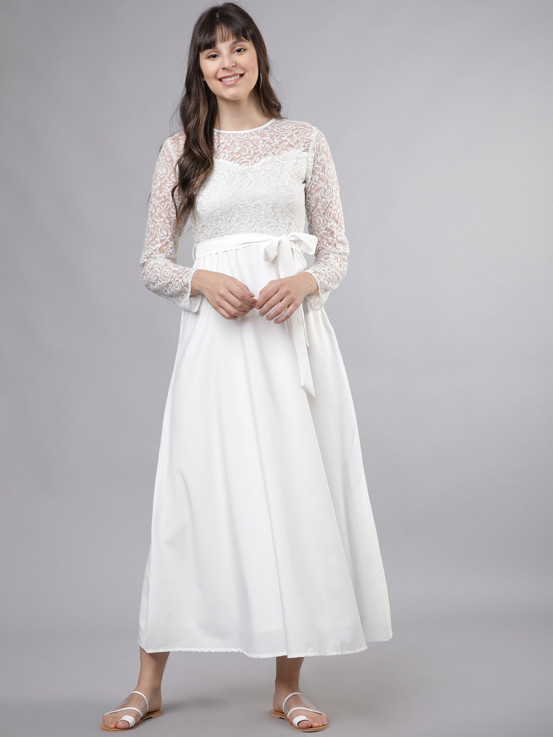 Tokyo Talkies Women Off-White Self Design Fit and Flare Dress