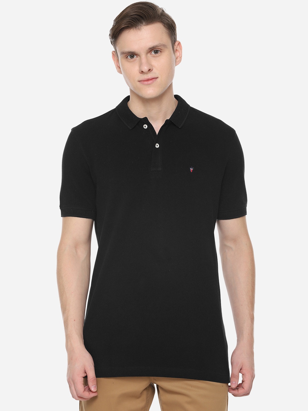 

Louis Philippe Sport Men Black Solid Polo Collar Pure Cotton T-shirt