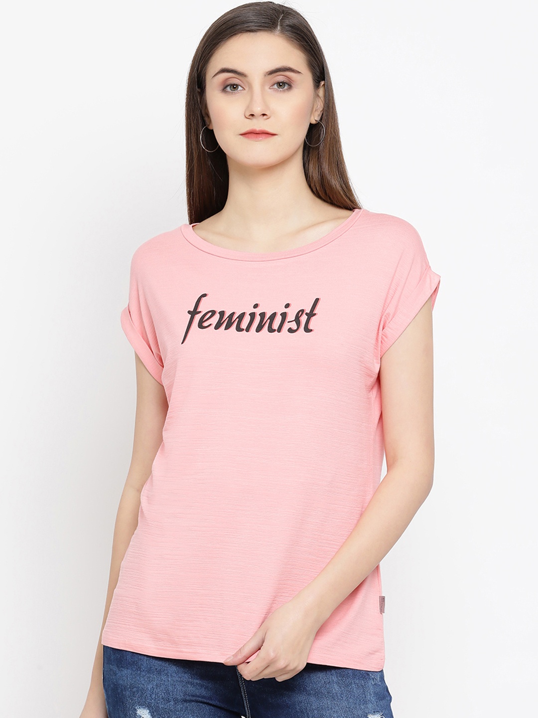 

Crimsoune Club Women Pink & Black Printed Slim Fit Round Neck T-shirt