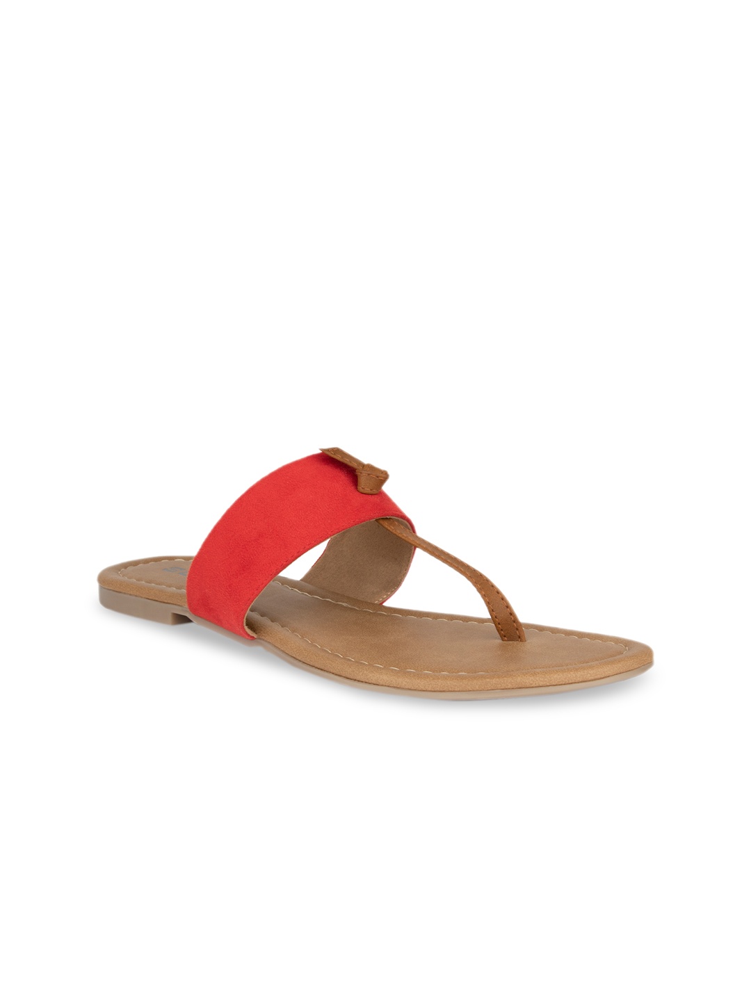 

SOLES Women Red Solid Suede T-Strap Flats