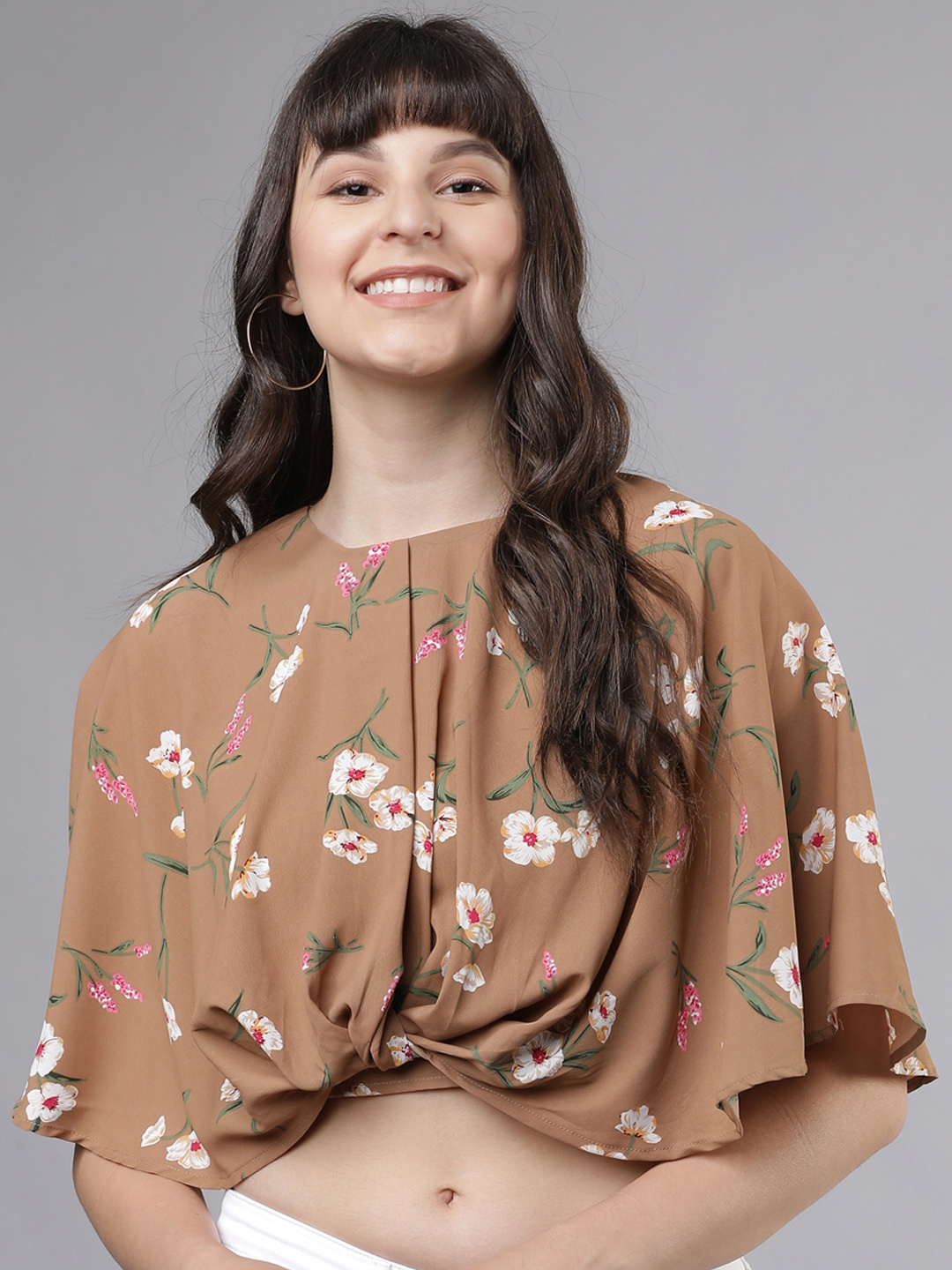 

Tokyo Talkies Women Beige Printed Crop Twisted Cape Top