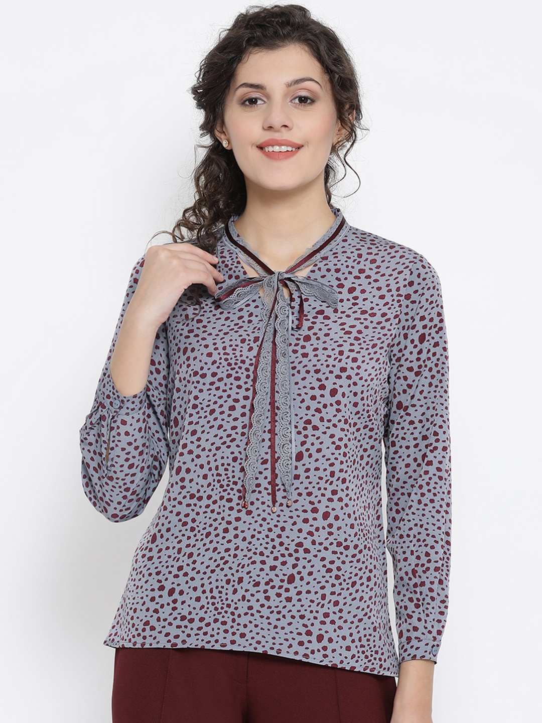 

OFFICE & YOU Women Blue & Burgundy Printed Top