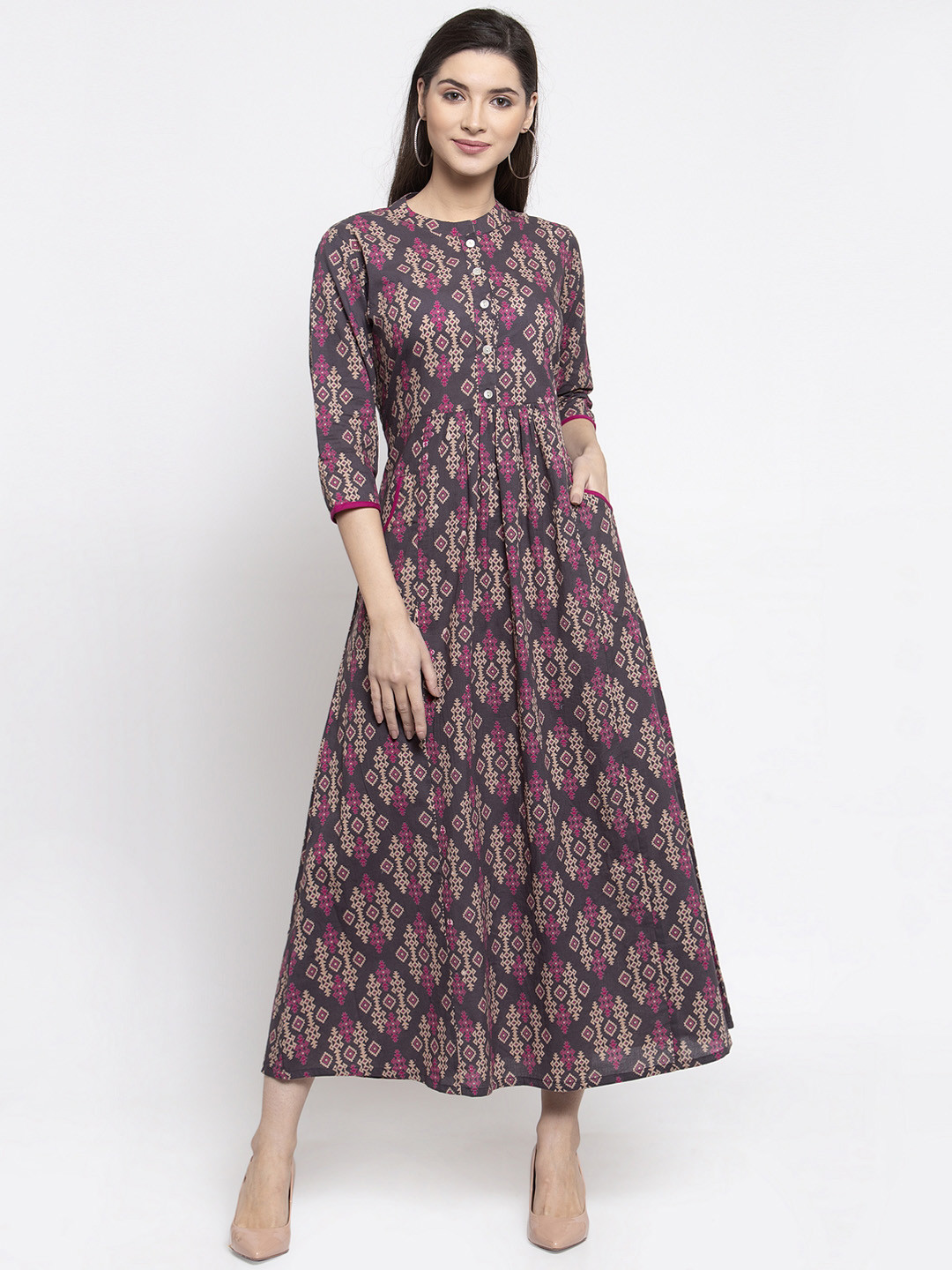 

Indibelle Women Grey & Pink Printed Maxi Dress
