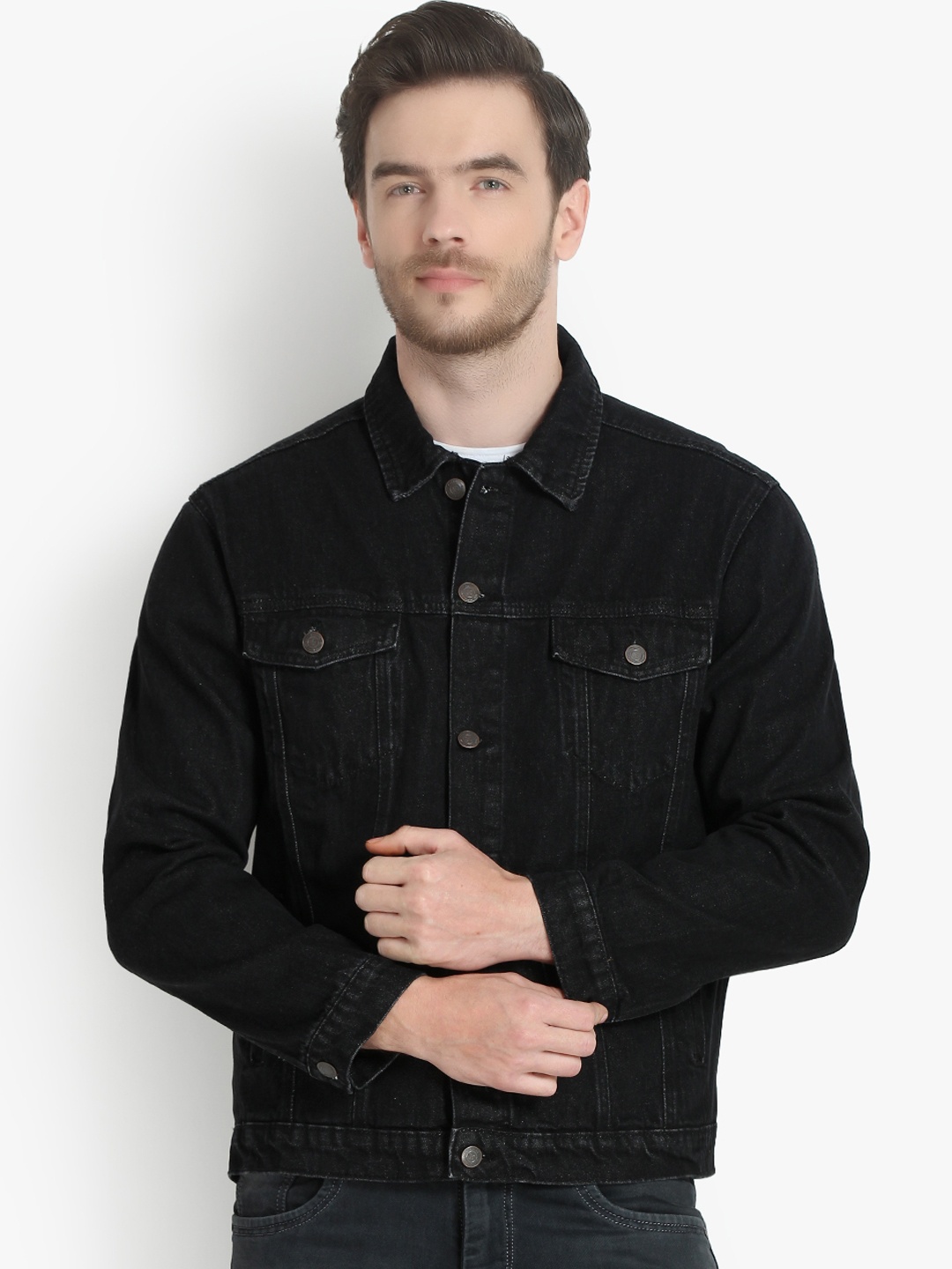 Kotty Men Black Solid Denim Jacket