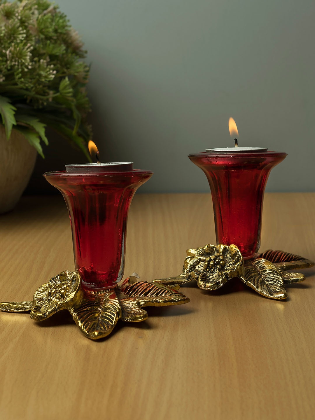 Homesake Set of 2 Red & Gold-Toned Antique Candle Holders
