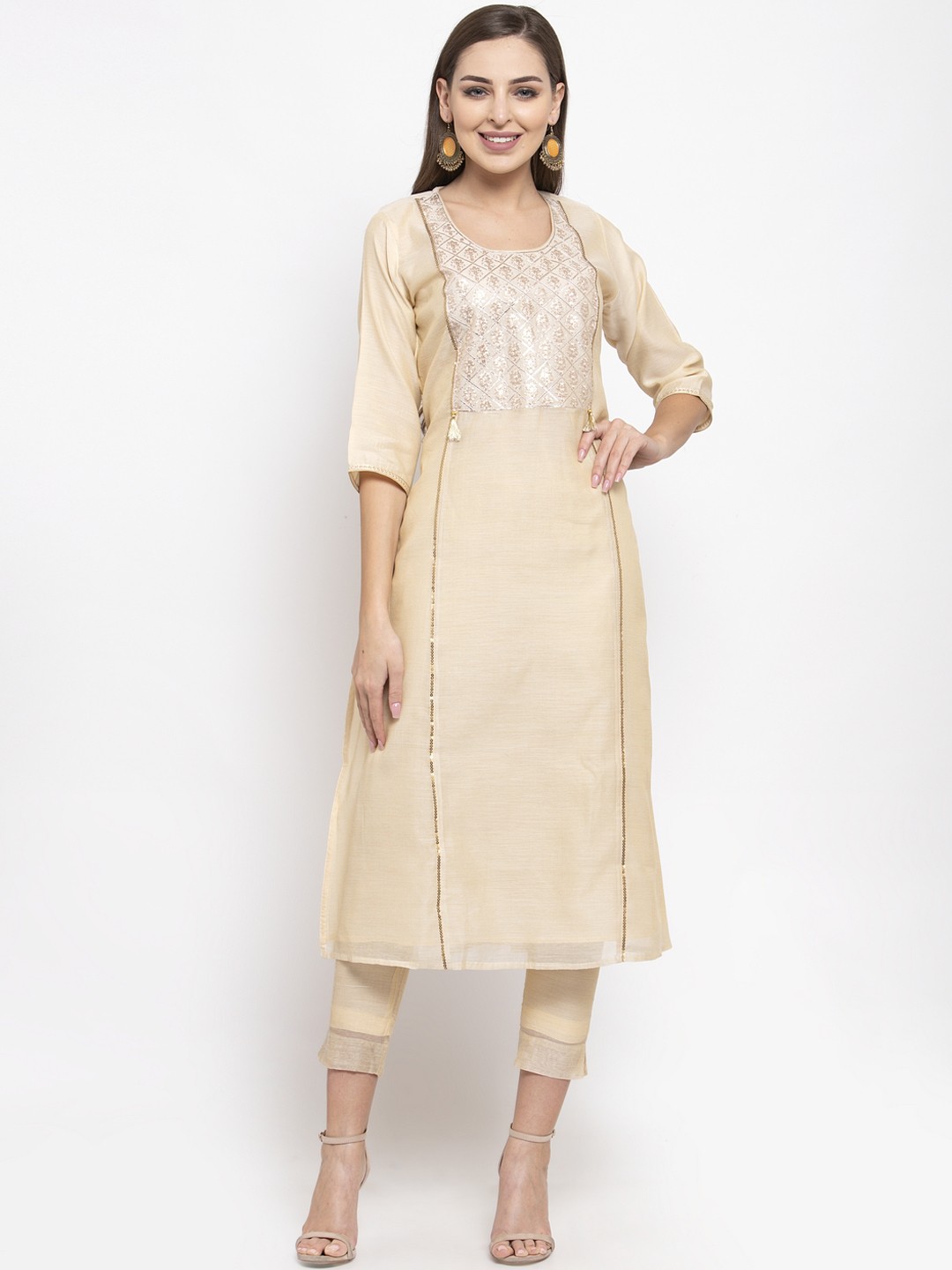 

Aujjessa Women Off-White Embroidered Kurta with Trousers, Beige
